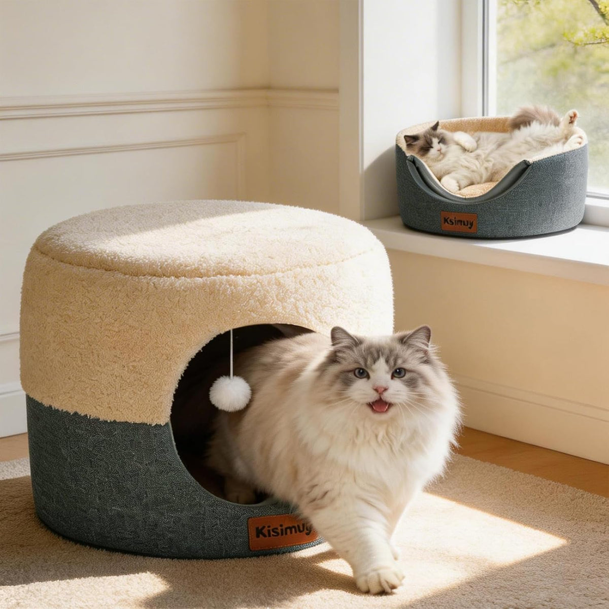 2-in-1 Foldable Cat Bed for Indoor Cats, Cat Cave & Sofa Bed | 15.7"D x 13"H, Reversible Plush & Linen Cushion,Enclosed Cat Bed, Hanging Cat Toys, Non-Slip, Small Cat House, Grey - Image 14