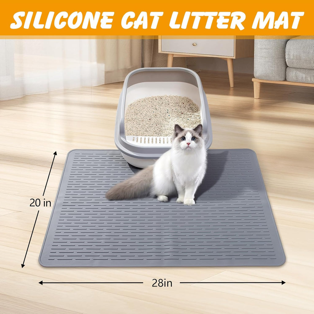 Grey silicone kitty litter trapping mat under a standard litter box.