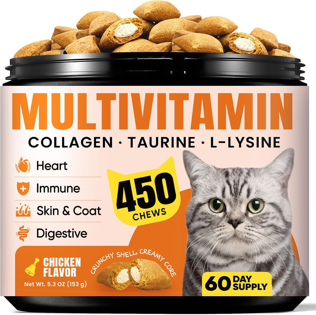 Buddycheer Cat Vitamin Treats front view container showcasing 450 chews for daily feline wellness.