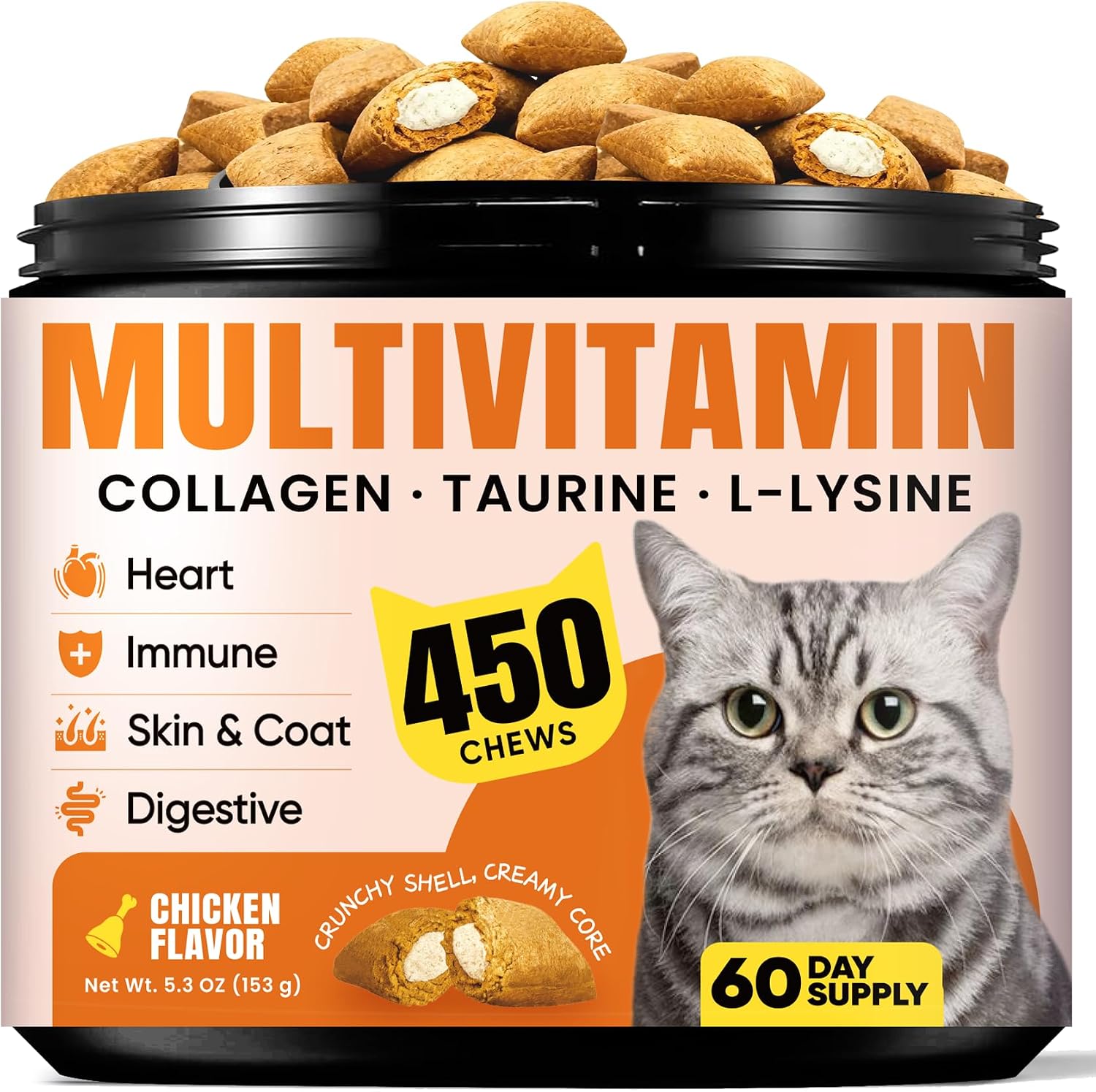 Buddycheer Cat Vitamin Treats front view container showcasing 450 chews for daily feline wellness.