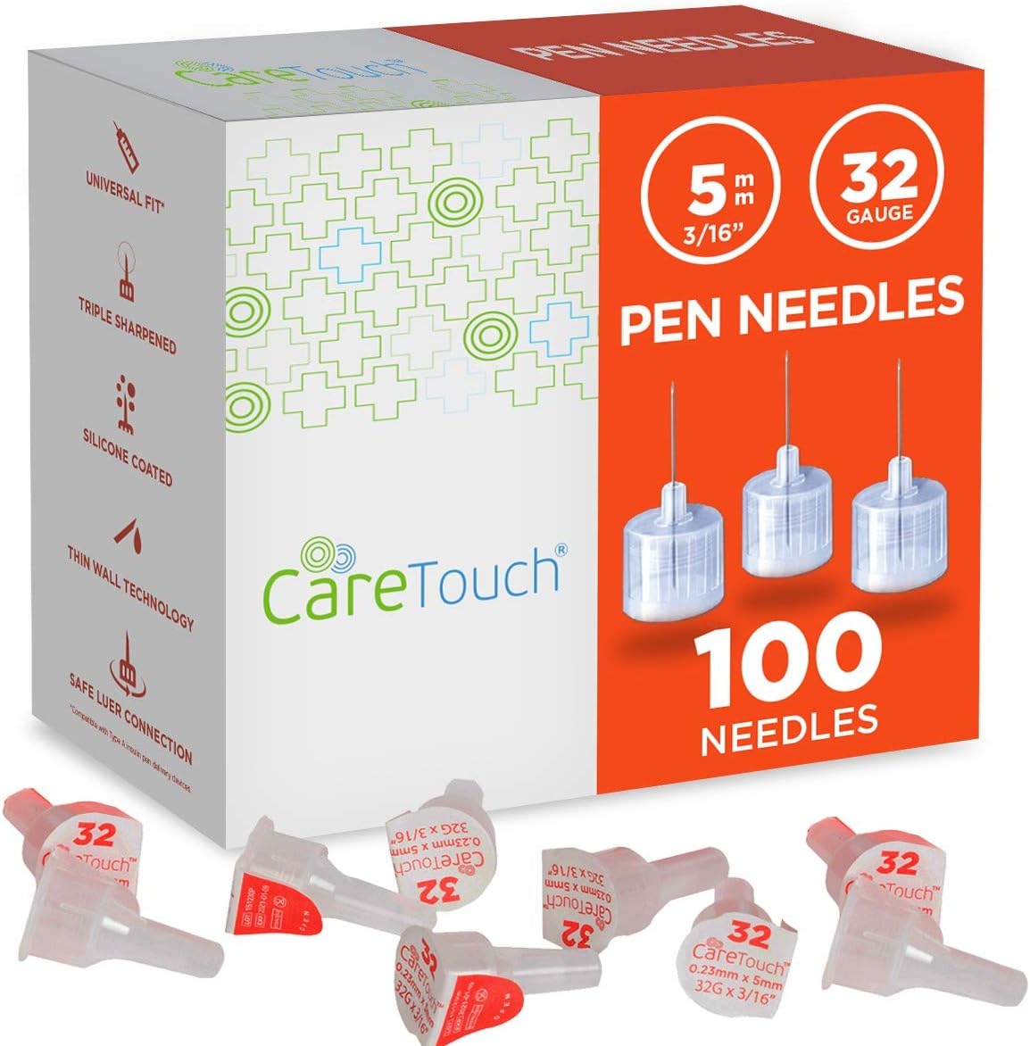Care Touch 32 Gauge Pen Needles front of box showing 100 count.