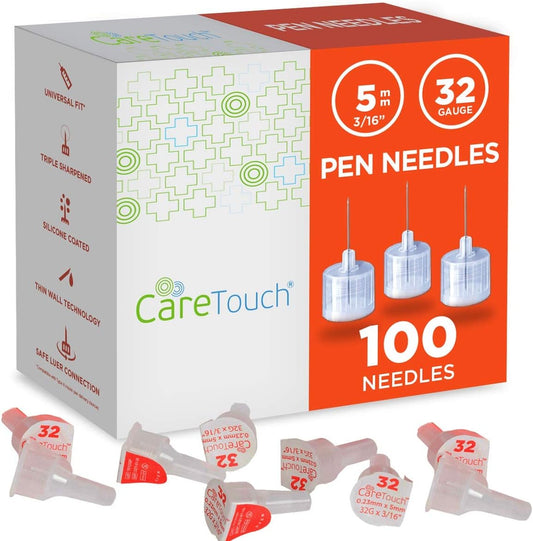 Care Touch 32 Gauge Pen Needles front of box showing 100 count.