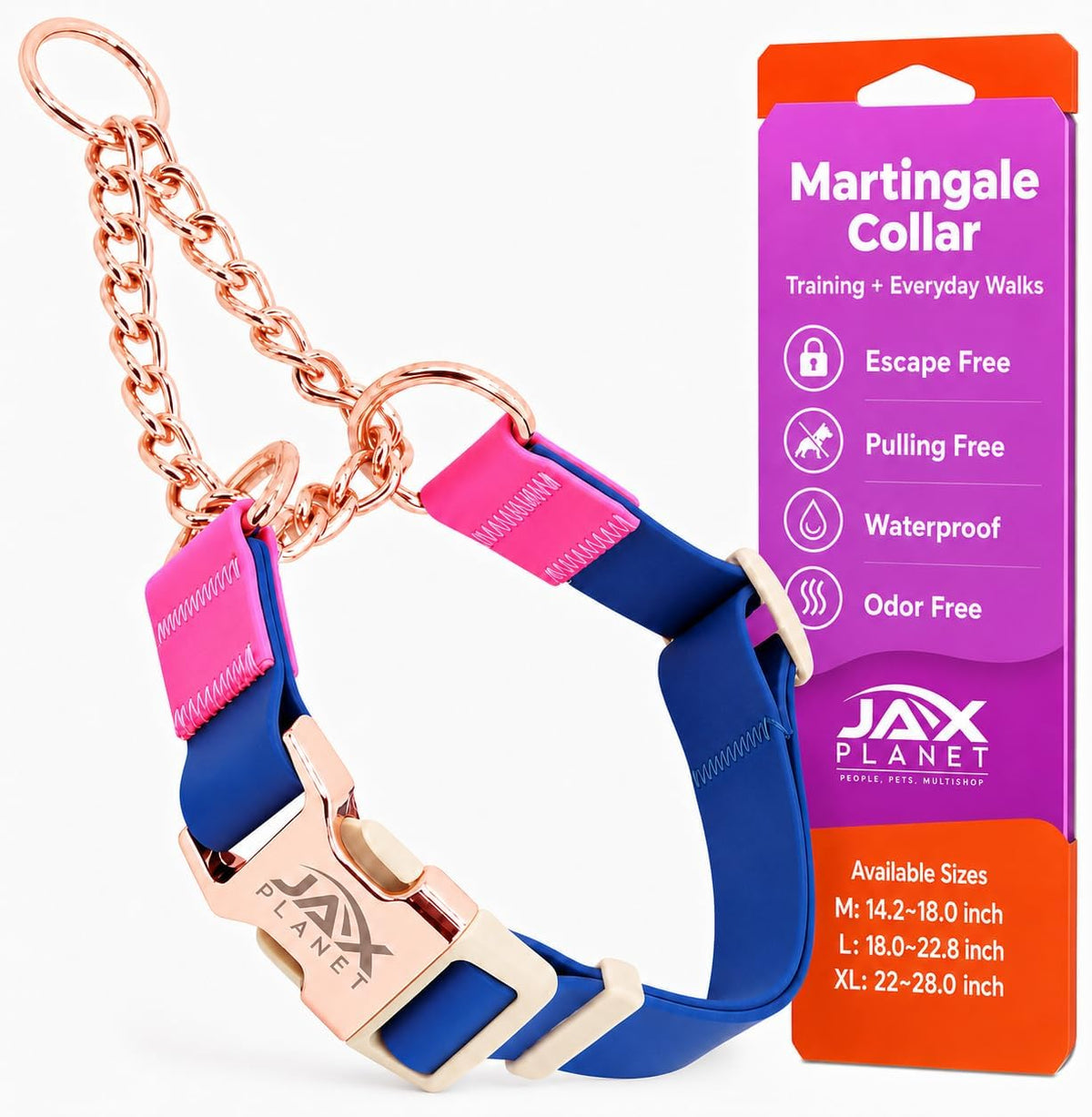 JAX PLANET Jelly Martingale Dog Collar front view showing the blue and rose pink color block design with gold hardware