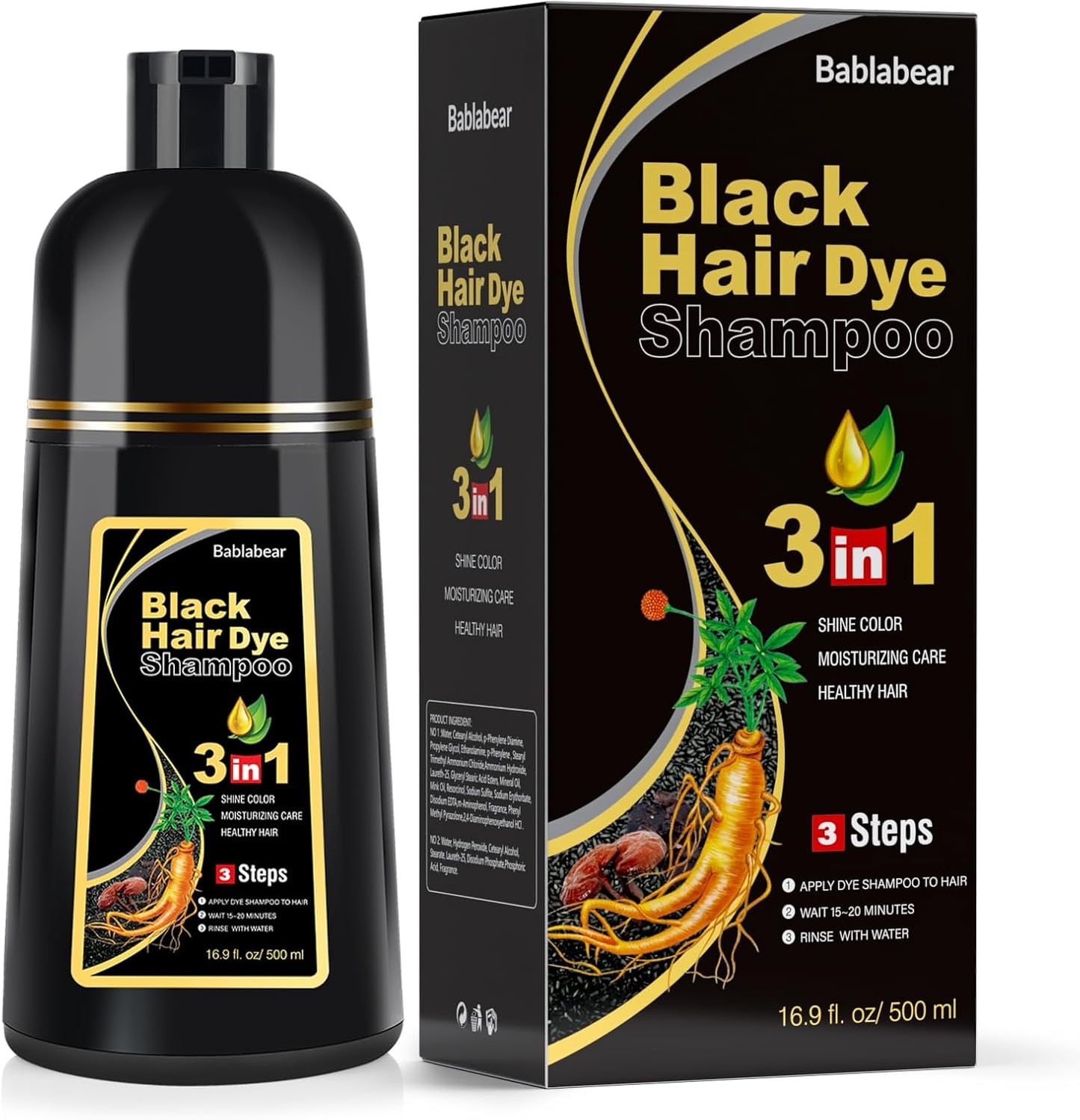 Bablabear Black Hair Dye Shampoo 500ml front view bottle showing herbal ingredients for gray coverage