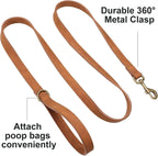 Didog light brown faux leather five foot dog leash showcased on an outdoor walking path.