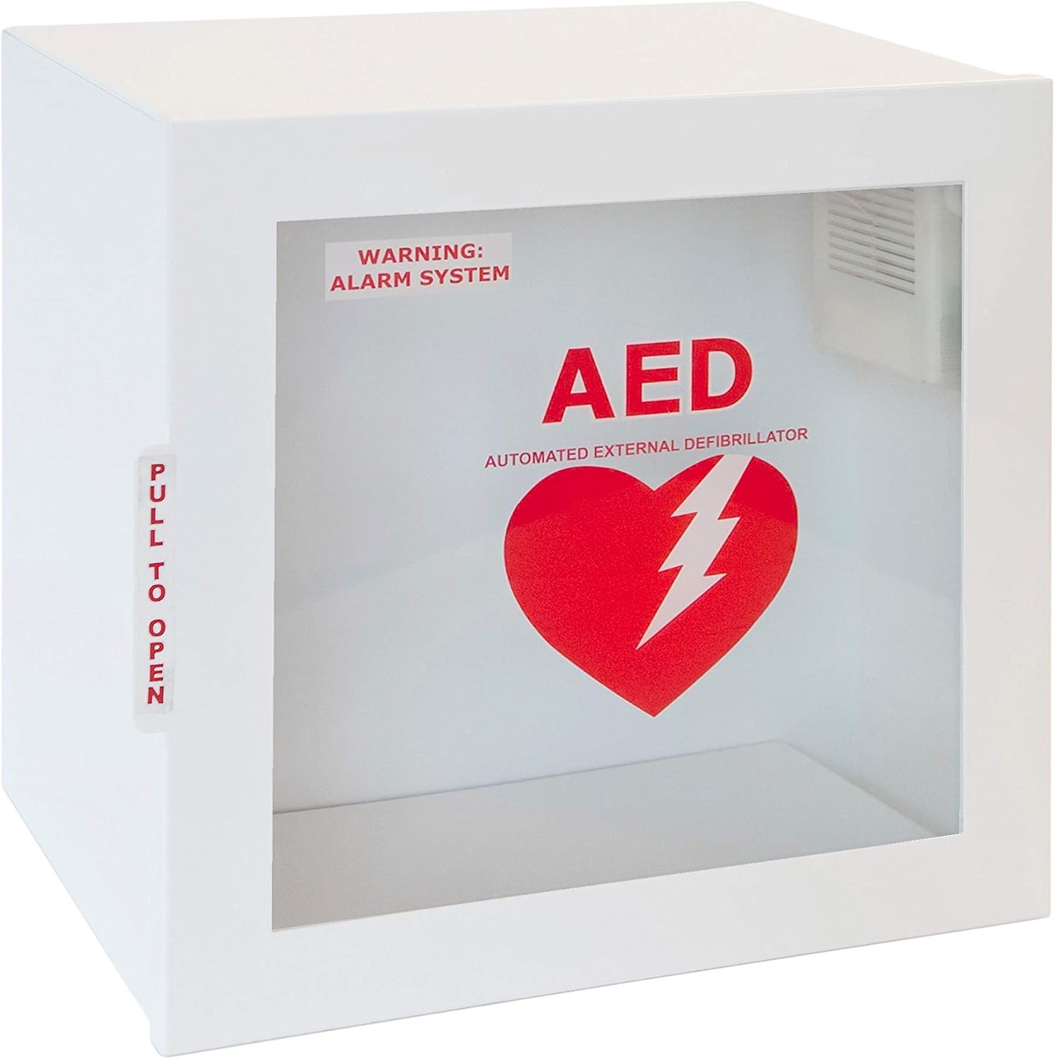SH School Health Surface Mount AED Wall Cabinet front view with alarm for emergency medical storage.