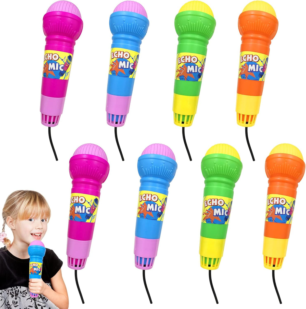 PPXMEEUDC 8 piece echo toy microphones for kids packaged front view showing vibrant colors