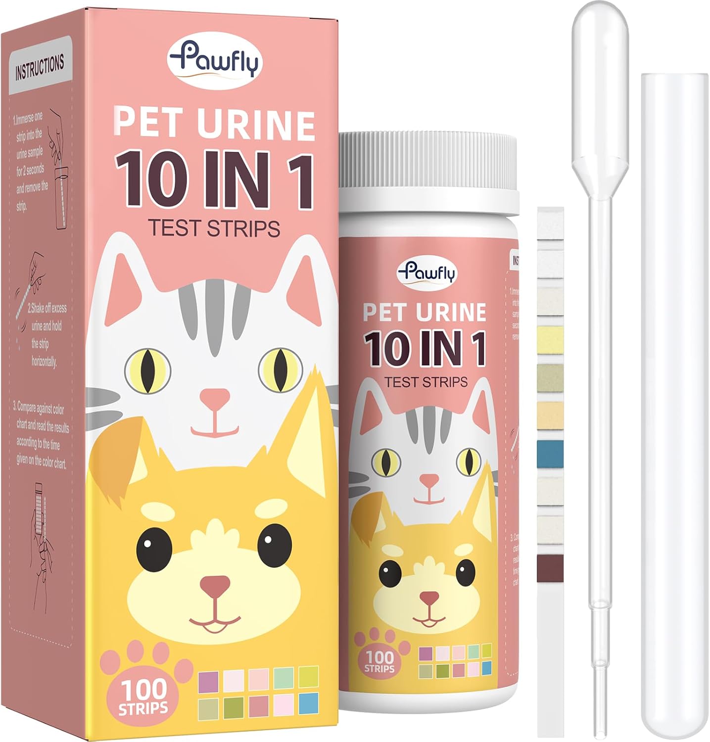 Pawfly Pet Urine Test Strips front view 100 count bottle and box