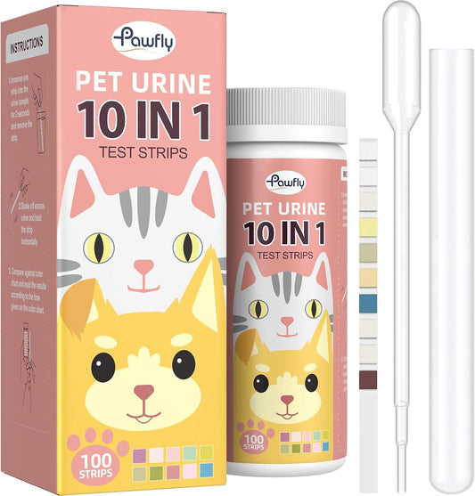 Pawfly Pet Urine Test Strips front view 100 count bottle and box