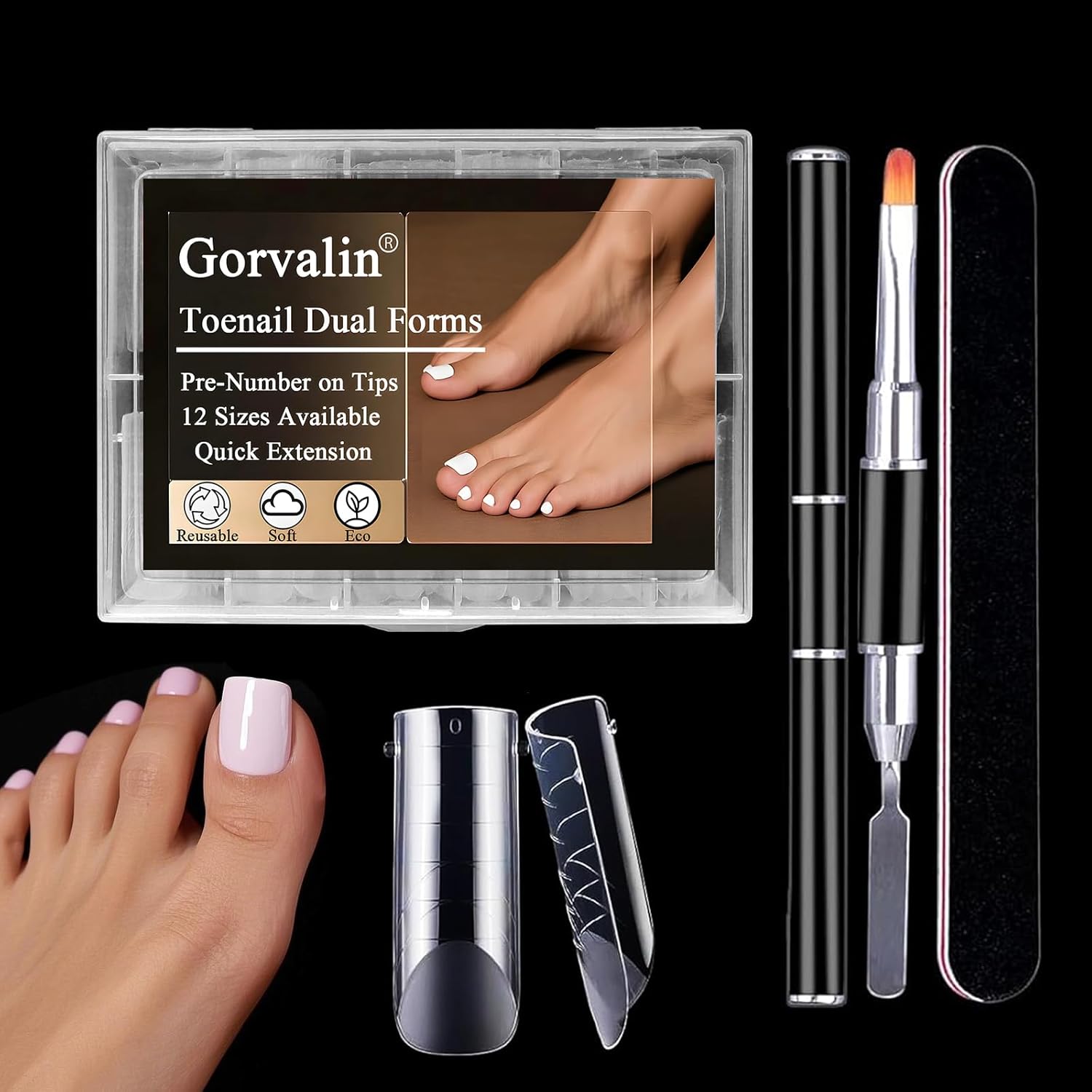 Gorvalin Poly Gel Toe Nail Form Kit front view with 120 pieces.