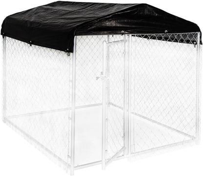 Weatherguard small all season dog kennel cover front view protecting a pet run.