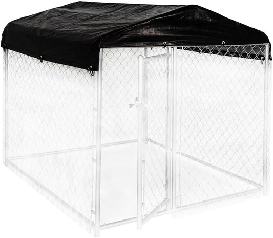 Weatherguard small all season dog kennel cover front view protecting a pet run.