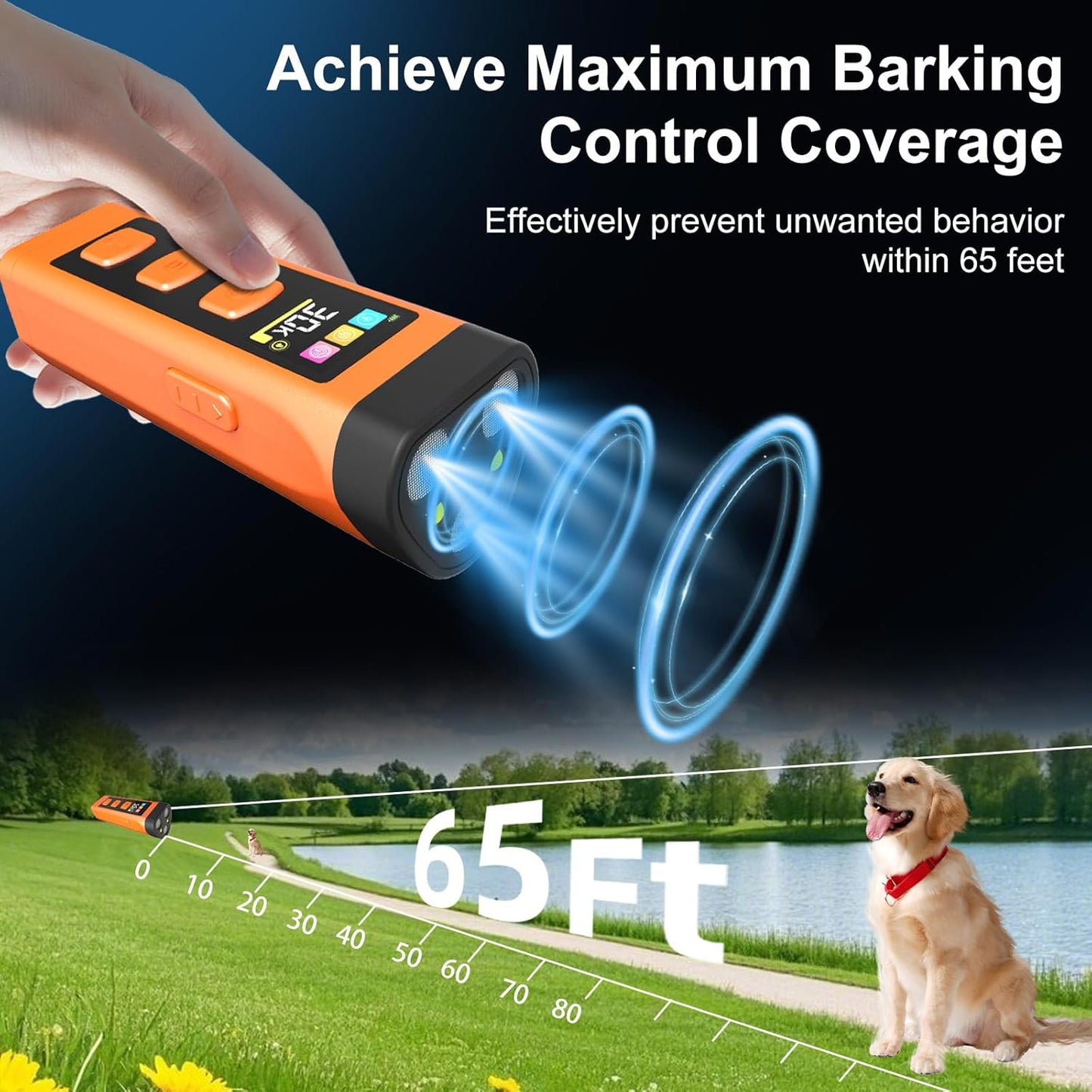 Handheld dog deterrent device in use during an outdoor walk