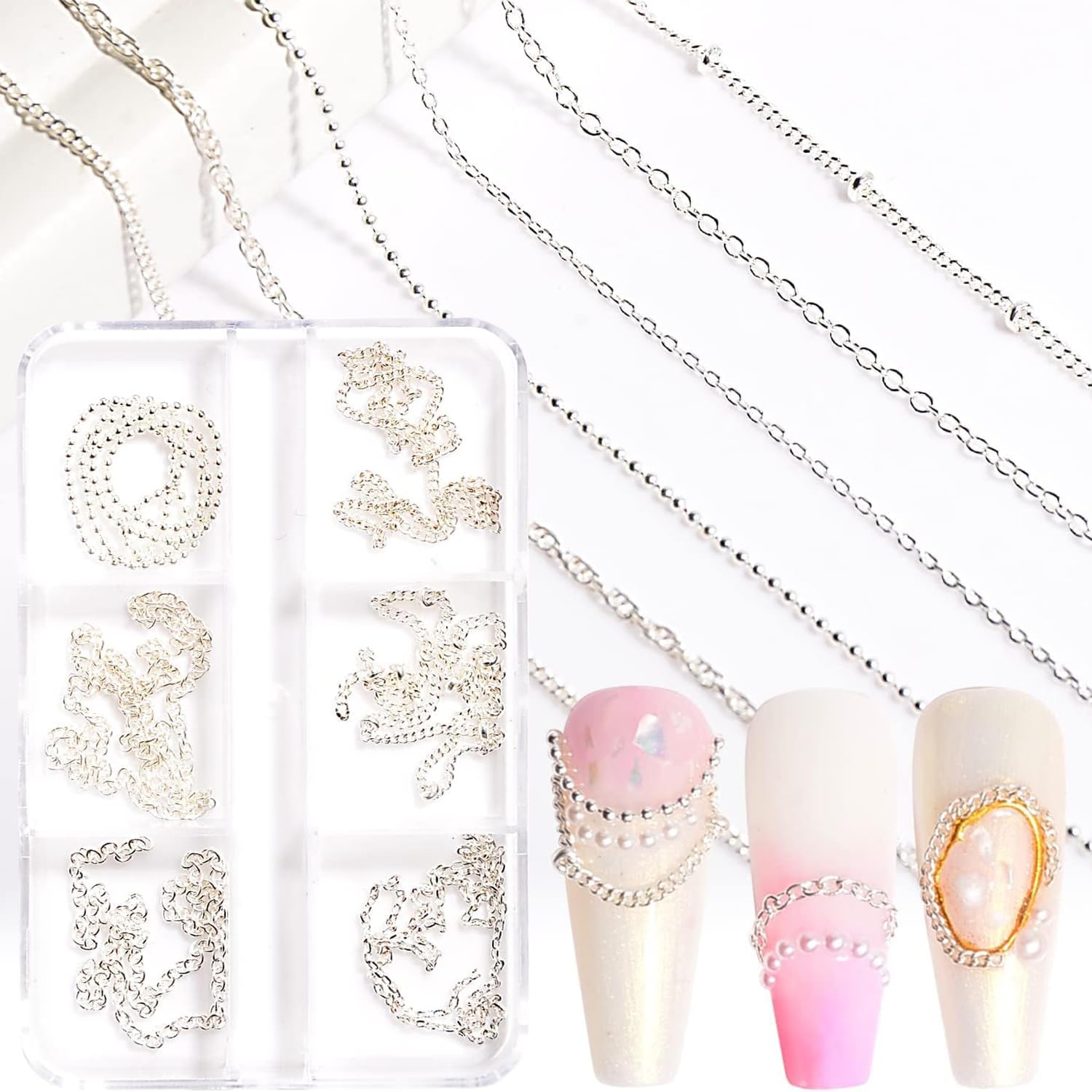 Sindy Jerclity silver metal nail art chains box front view for punk manicure designs