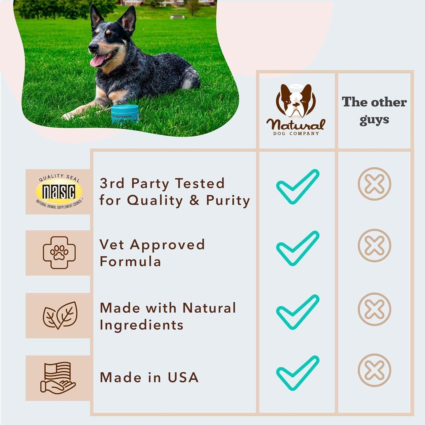 Vet-formulated Natural Dog Company multivitamin ingredients label