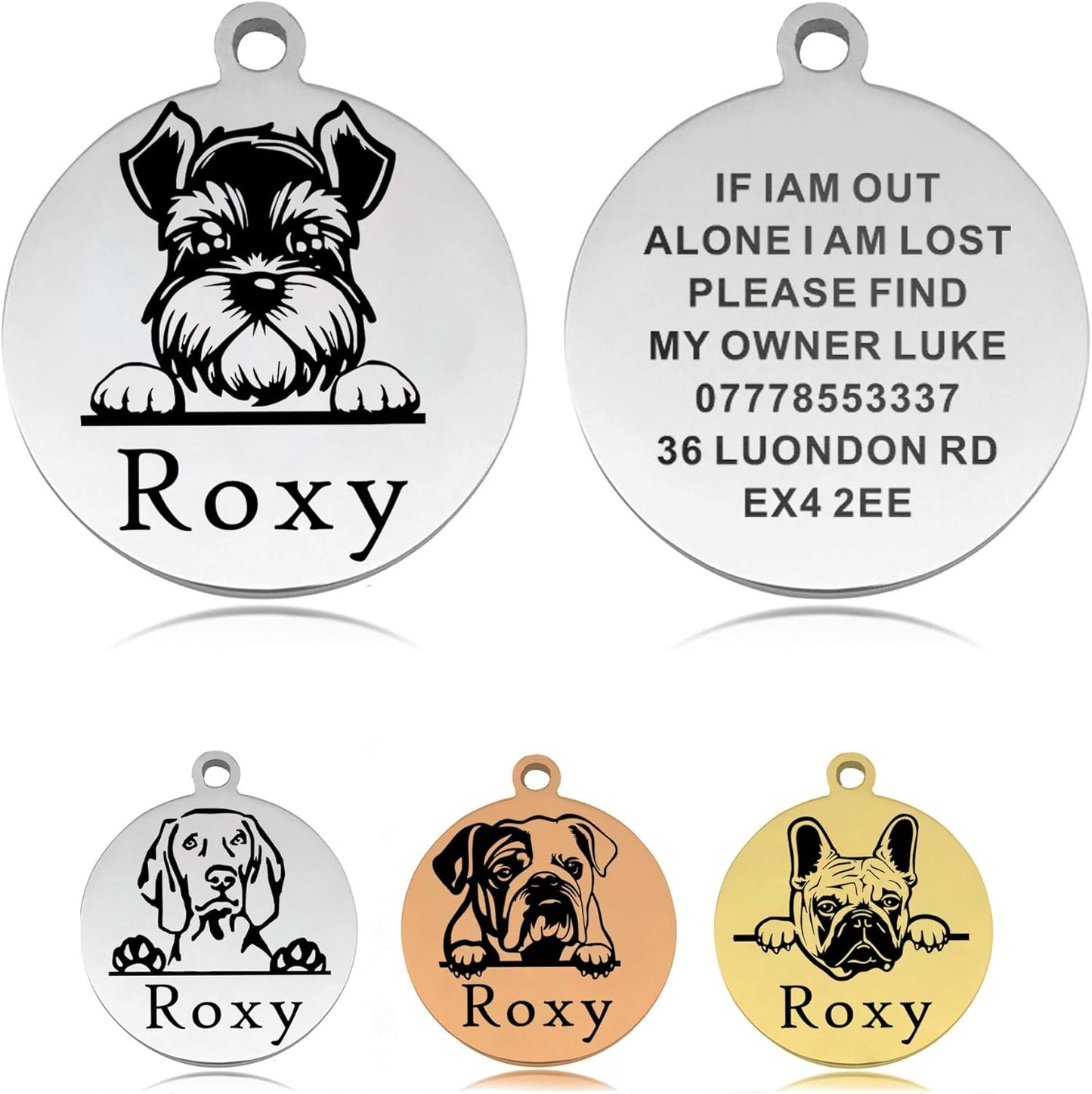 EDSG personalized dog tag front view showing custom laser engraving.