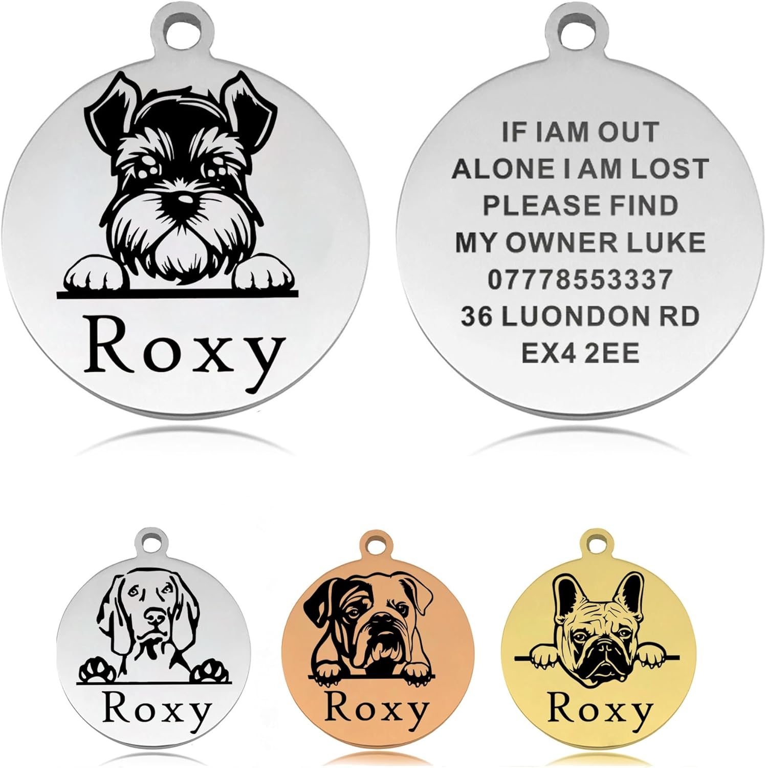 EDSG personalized dog tag front view showing custom laser engraving.