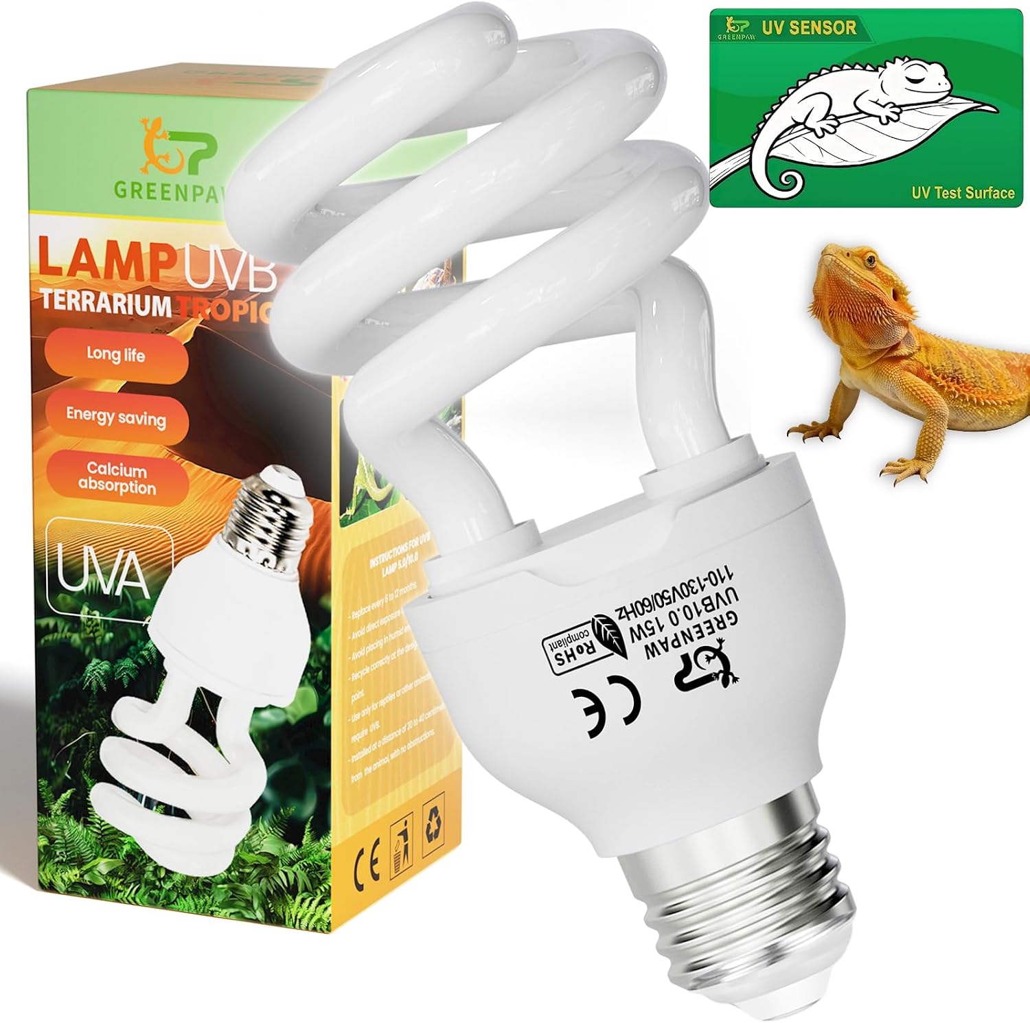UVB Reptile Light 5.0: 15W Tropical & Subtropical UVA UVB Reptile Light Bulb, UVB Light for Reptiles Compact Fluorescent Terrarium Lamp,UVB Bulb for Chameleon Turtle Gecko Snake Include UV Sensor Card - Image 11