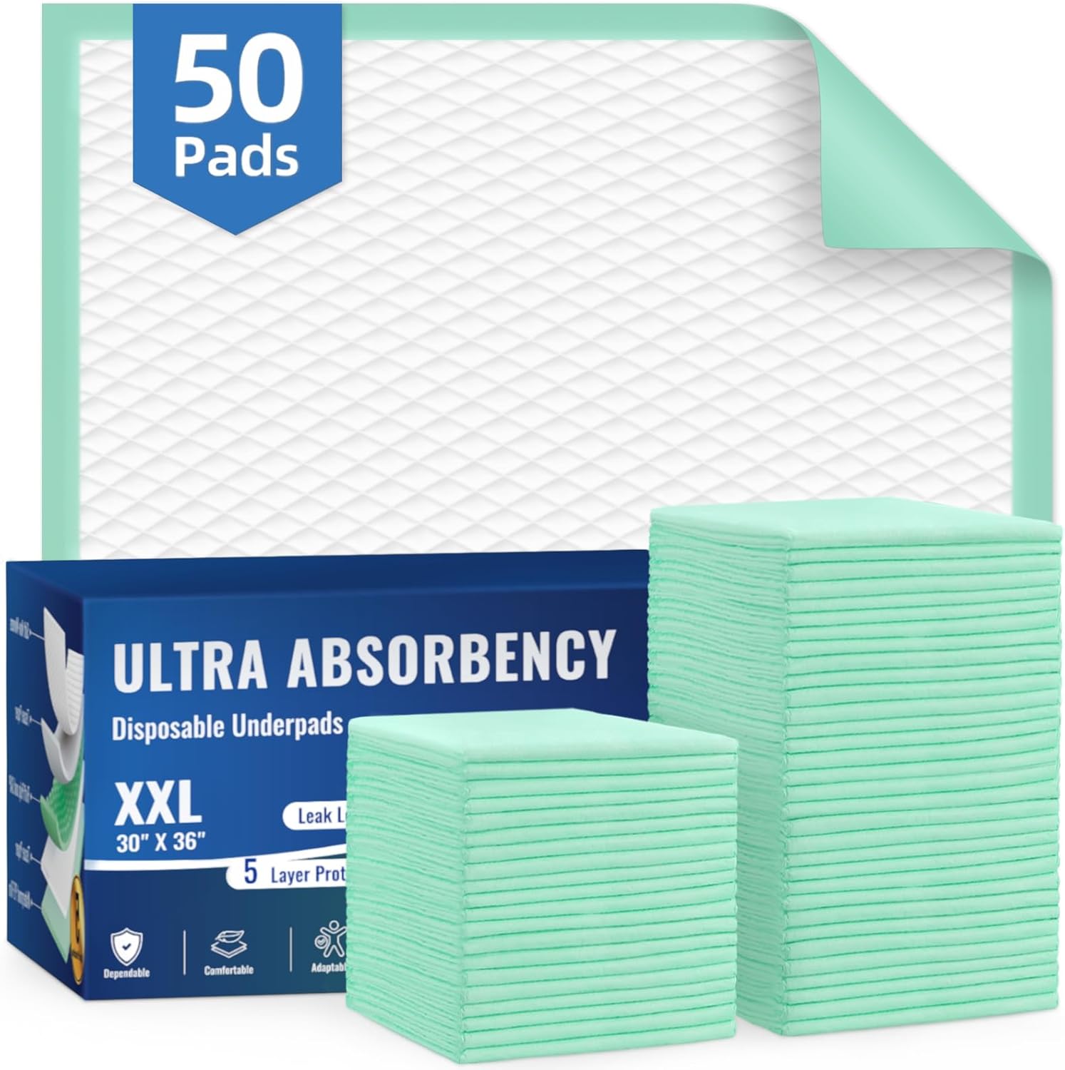 Aozita 50-Pack Disposable Underpads 30x36 front packaging view