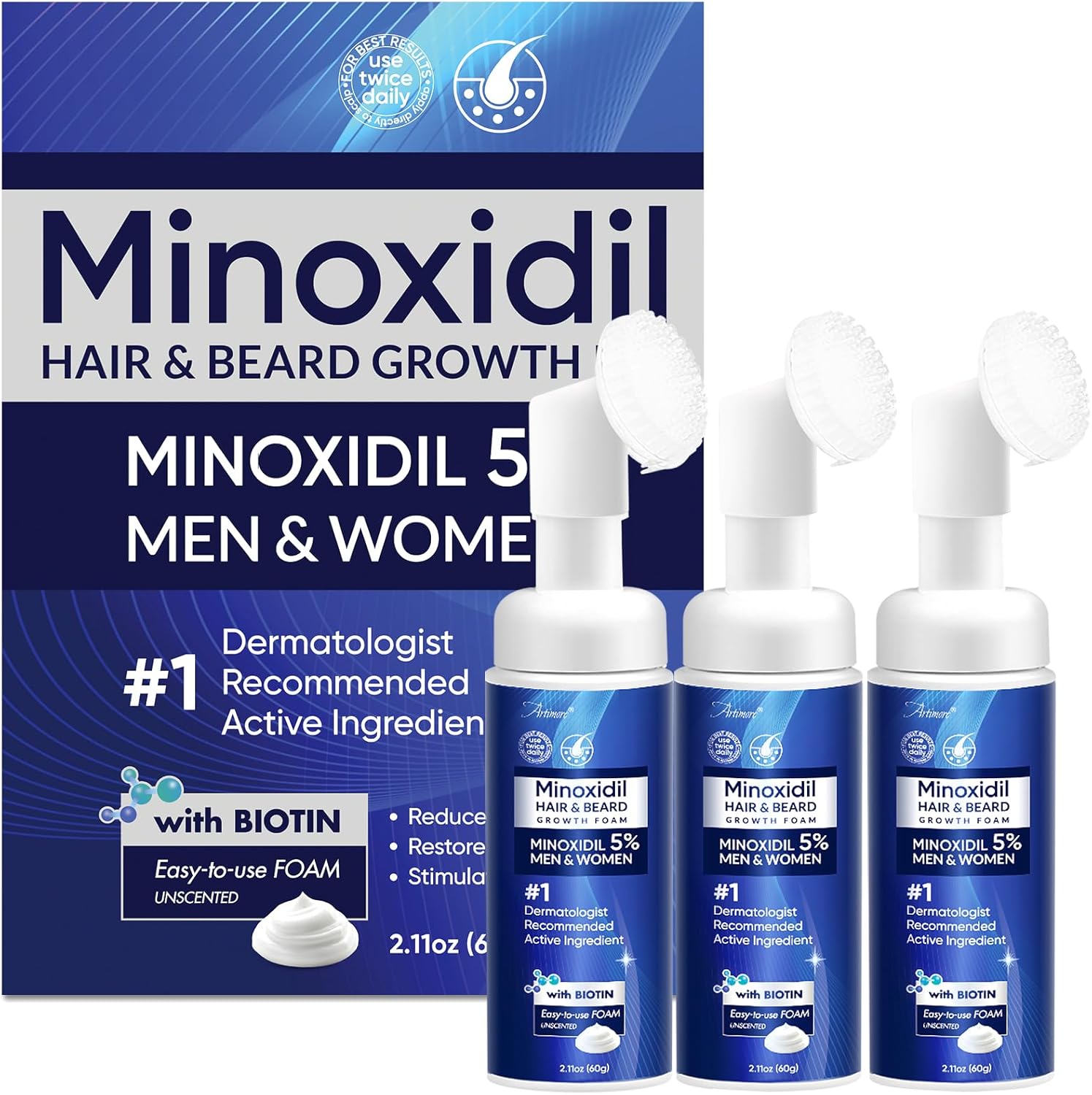 Artimore 5% Minoxidil Foam front view bottle packaging for hair and beard regrowth