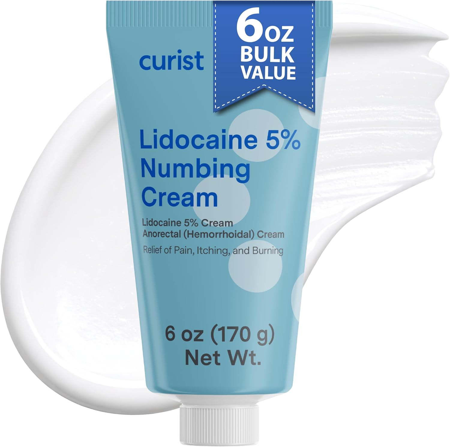 Curist 5 Percent Lidocaine Numbing Cream front view of six ounce extra large tube for topical pain relief.