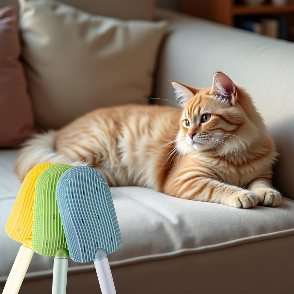Generic small pet brush removing floating hair from a fabric sofa