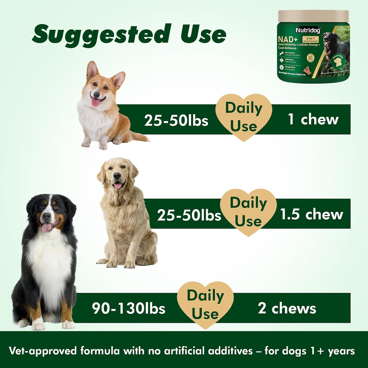 Nutridog NMN joint and skin care soft chews for elderly dogs displayed on a clean surface showcasing premium pet care