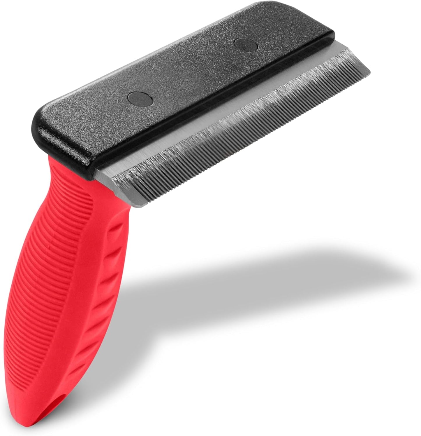 Ryan's Pet Supplies fur removal brush close up on the ribbed rubber finger grooves for optimal control.