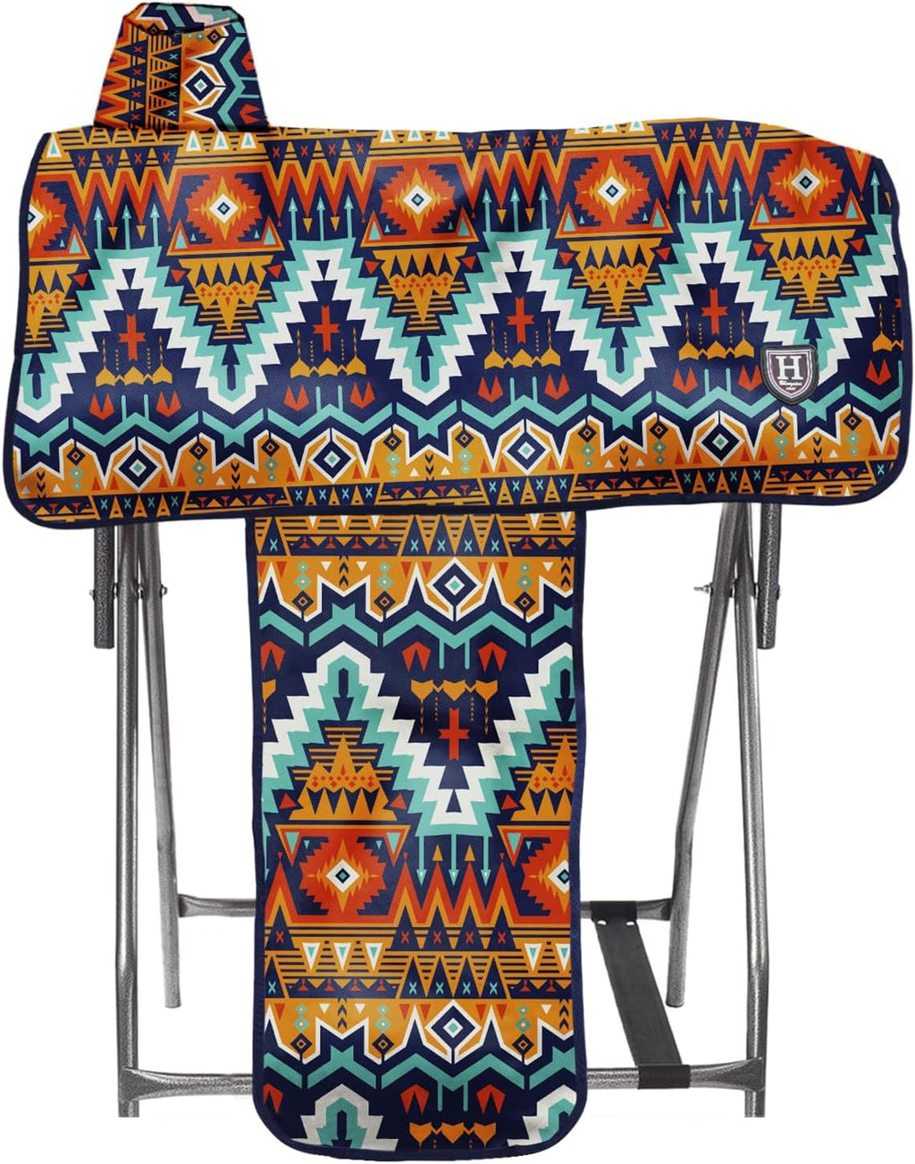 Harrison Howard waterproof western saddle cover front view showcasing vibrant Tribal Vibe print.