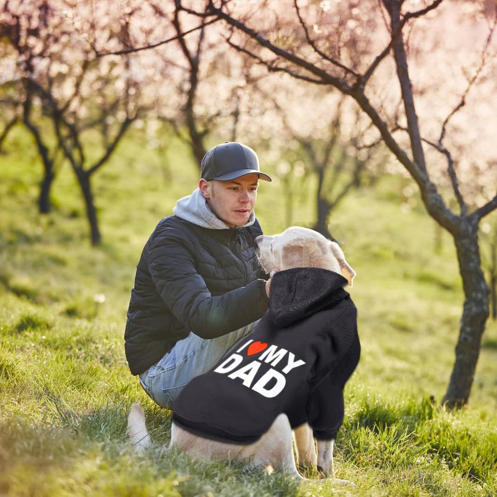 Close up of I Love My Dad text on GreenJoy pet hoodie