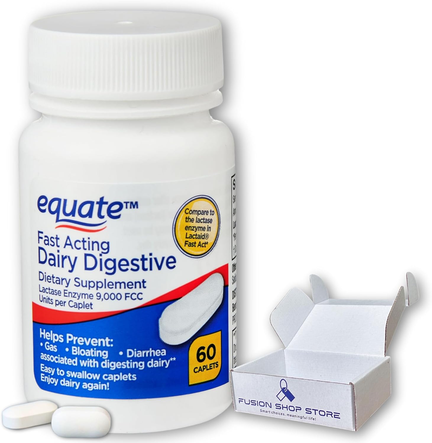 Equate Fast Acting Dairy Digestive Supplement 60 caplets front view for lactose intolerance relief