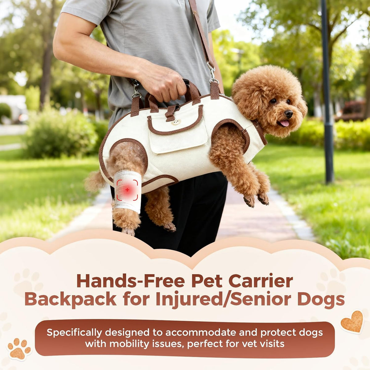 Atiansen small puppy travel carrier demonstrating the convertible shoulder sling configuration for comfortable hands-free walking.