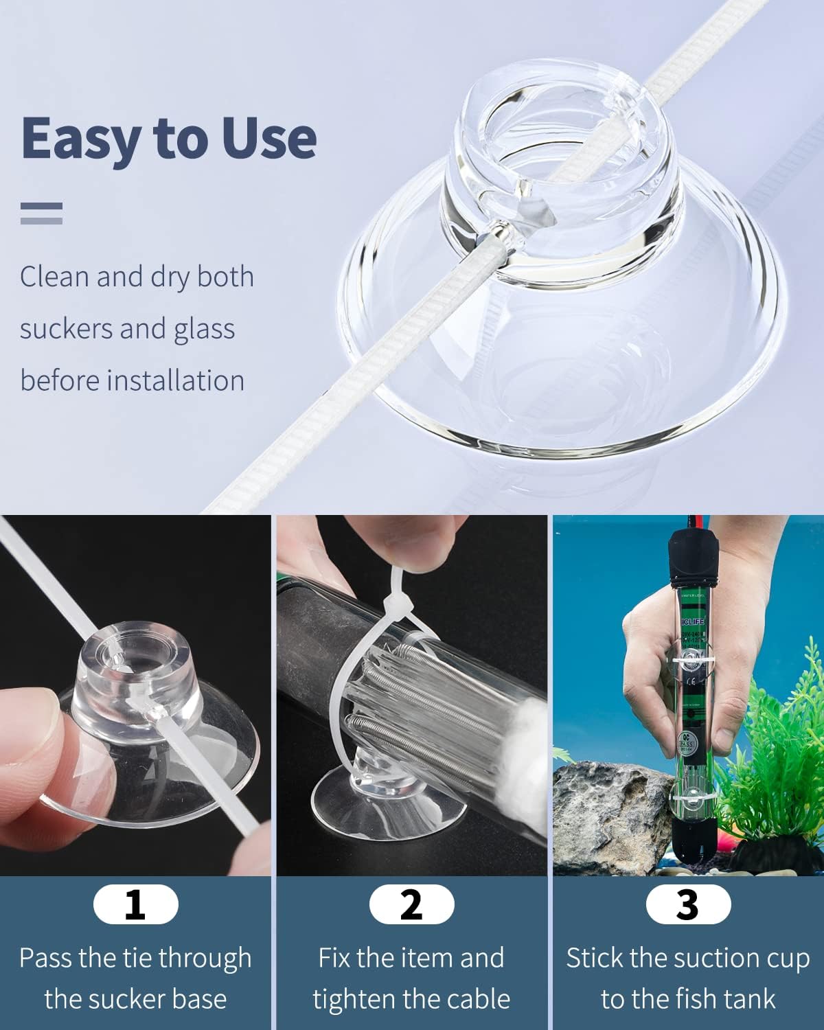 Mini one inch aquarium suckers attached to the inside of a fish glass tank.