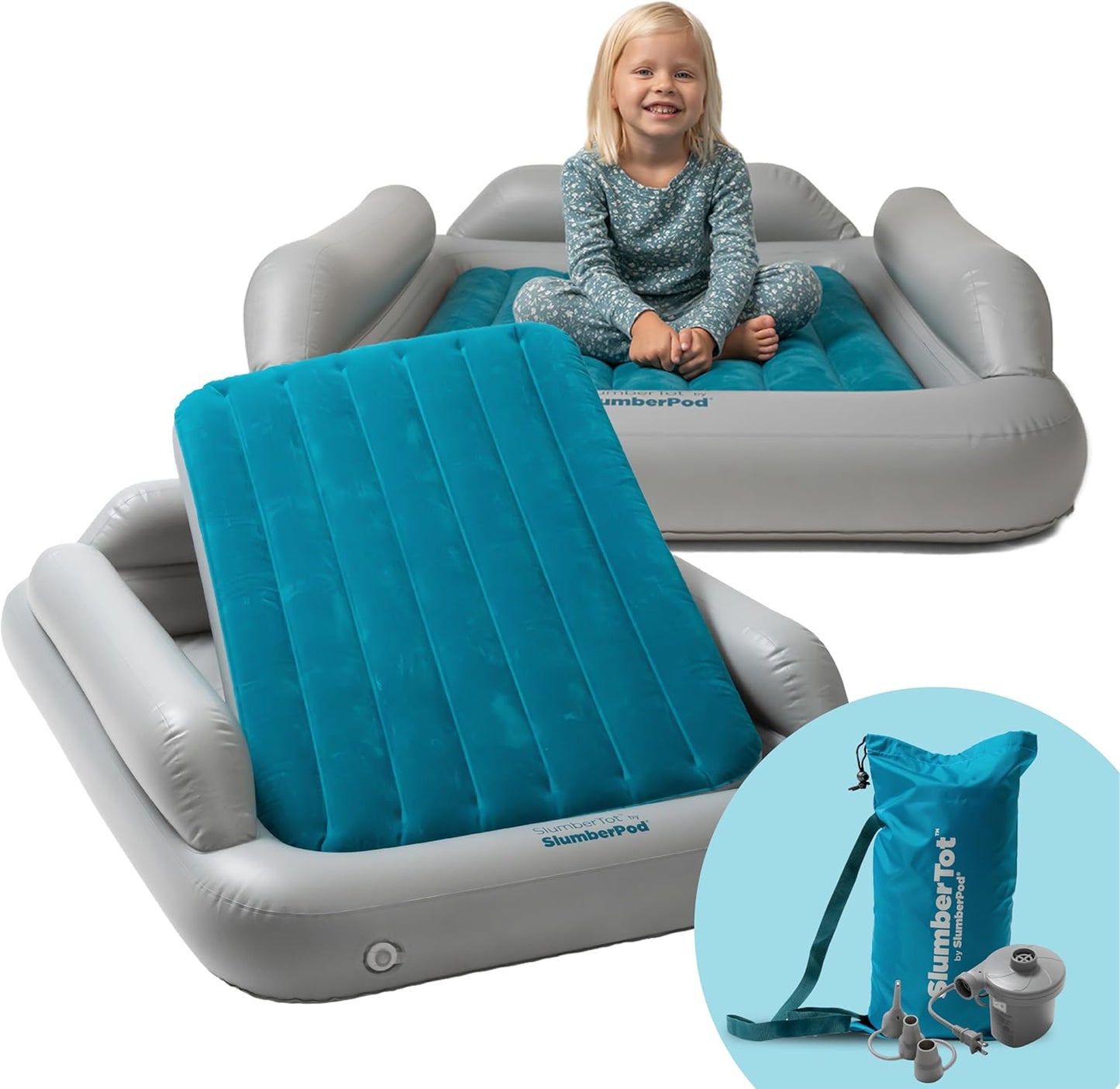 SlumberPod SlumberTot inflatable toddler travel bed front view showing grey and teal mattress frame.