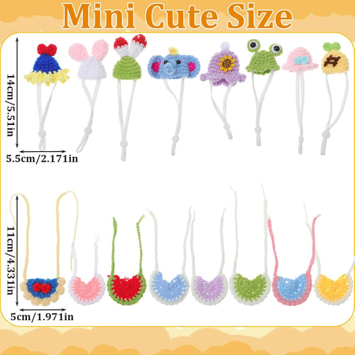 Close up view of the Abbylike miniature hand-knitted frog and rabbit themed pet hats with adjustable chin straps.