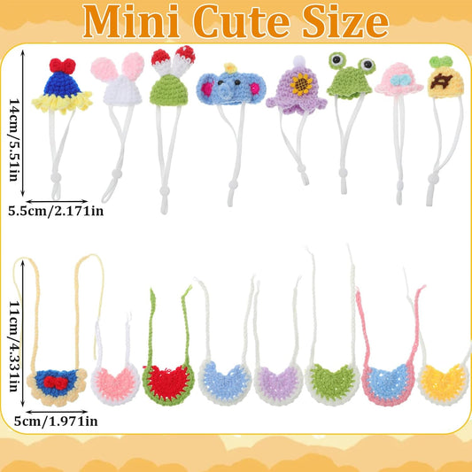 Close up view of the Abbylike miniature hand-knitted frog and rabbit themed pet hats with adjustable chin straps.