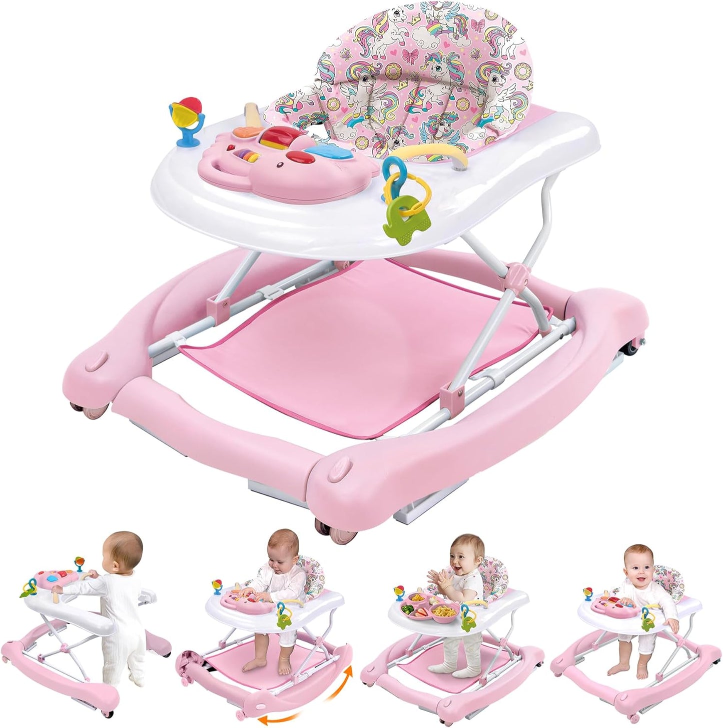 Pawtong Foldable Baby 5-in-1 Activity Walker pink front view