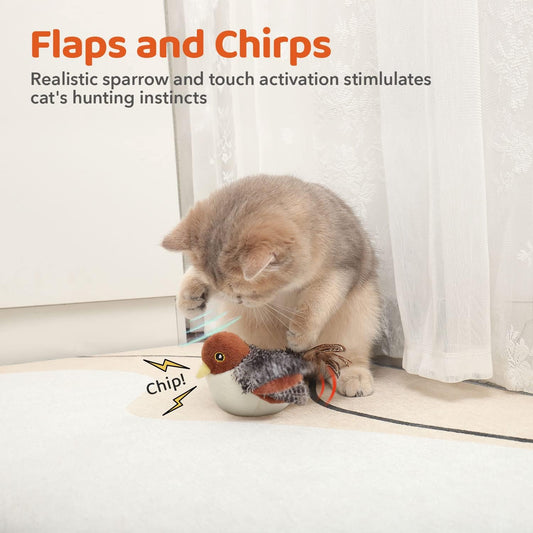 Close up of Potaroma interactive sparrow cat toy features