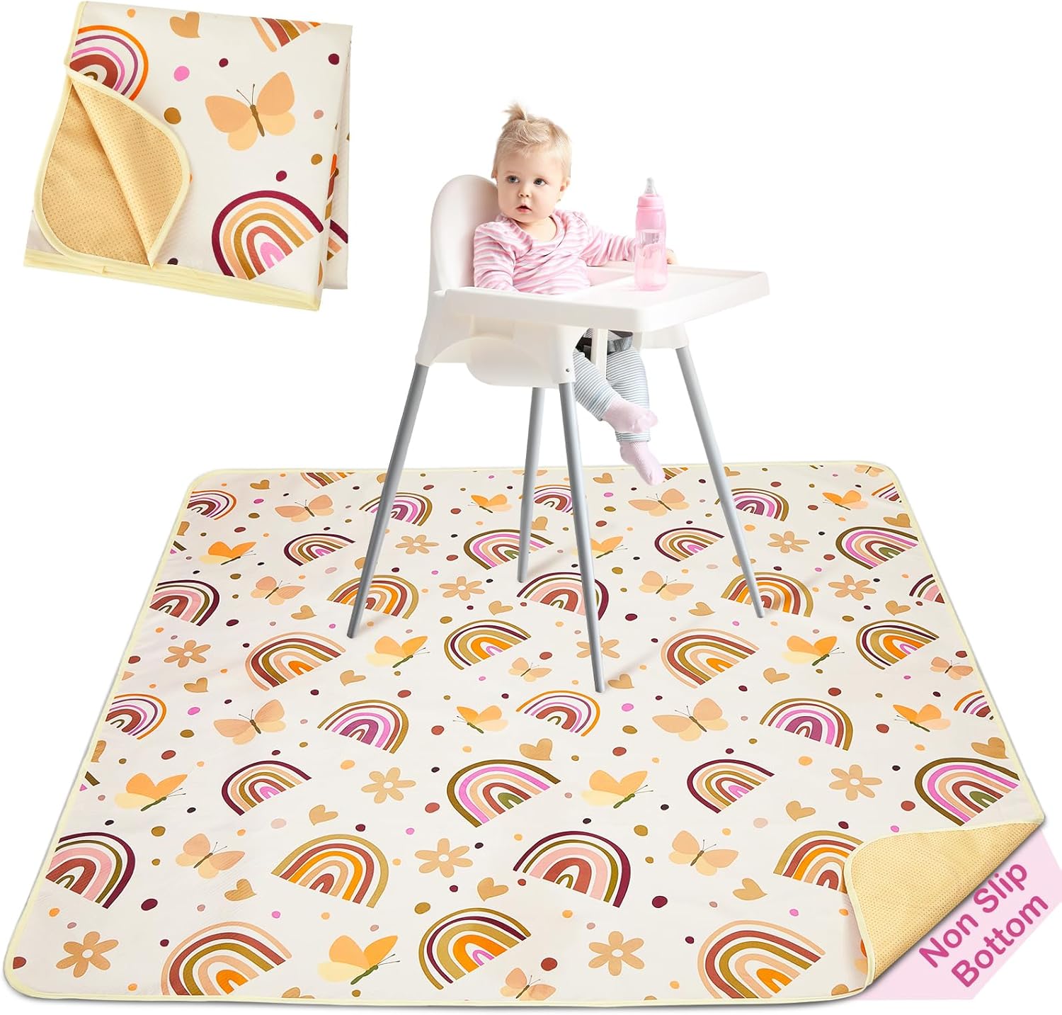 Basumee splat mat front view under high chair for baby food catching