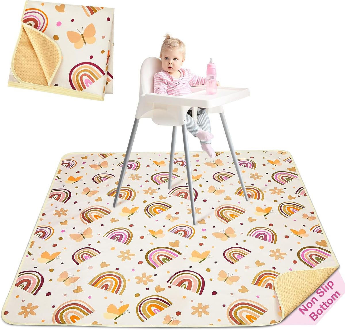 Basumee splat mat front view under high chair for baby food catching