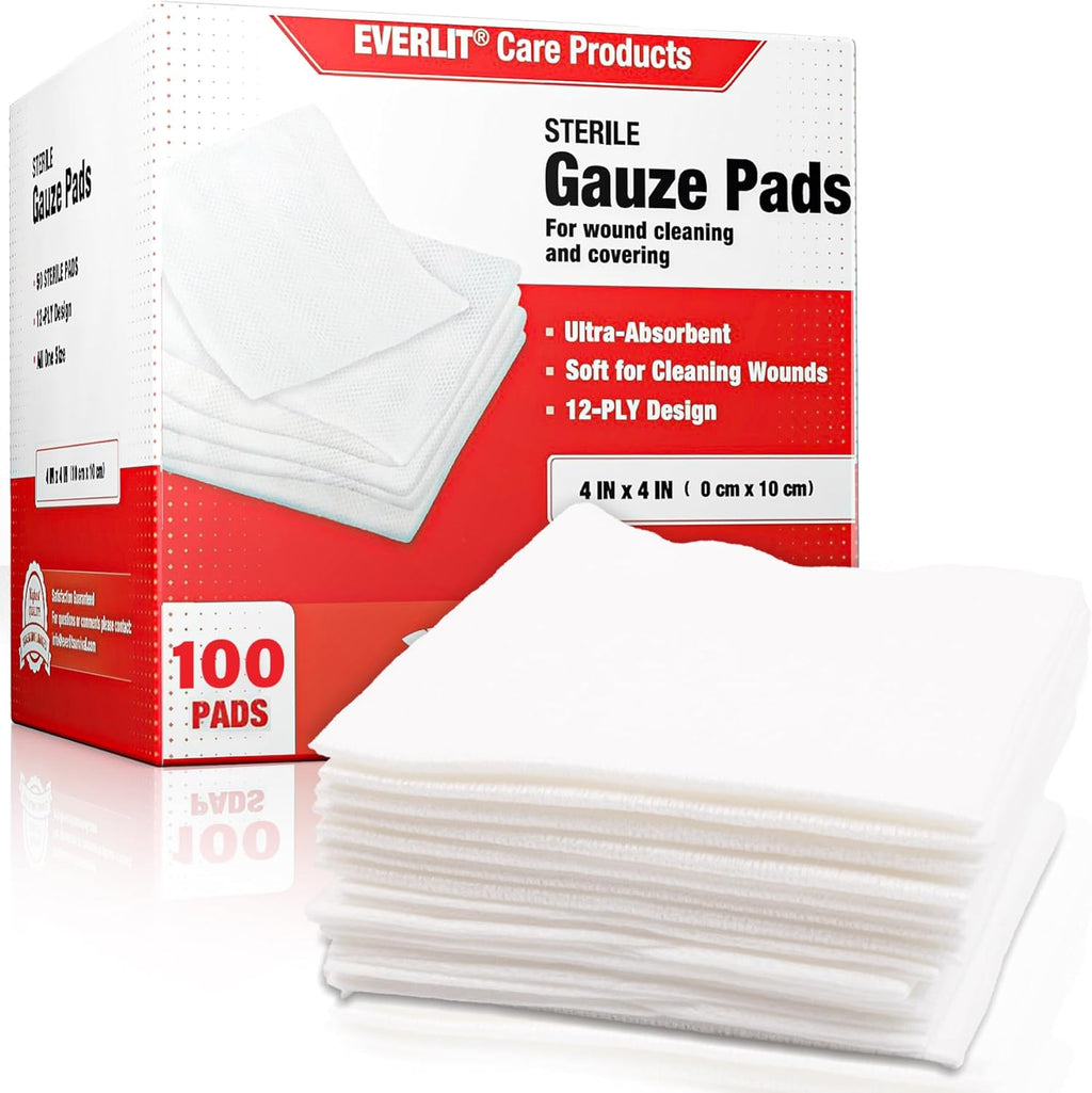 EVERLIT Extra Thick Sterile Gauze Pad front view box packaging detailing one hundred count pack