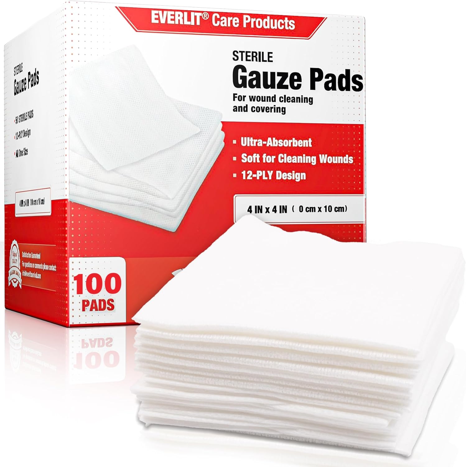 EVERLIT Extra Thick Sterile Gauze Pad front view box packaging detailing one hundred count pack