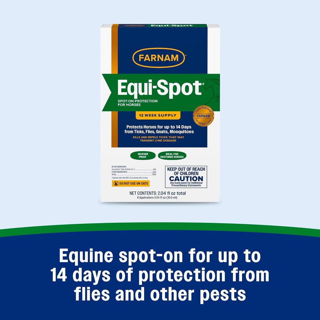 Farnam Equi-Spot topical equine insecticide box close up emphasizing six applications