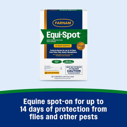 Farnam Equi-Spot topical equine insecticide box close up emphasizing six applications