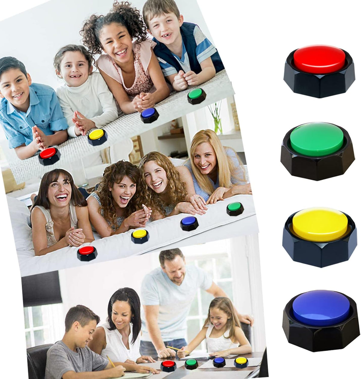 Four multi colored voice recording buzzers arranged neatly on a wooden floor.