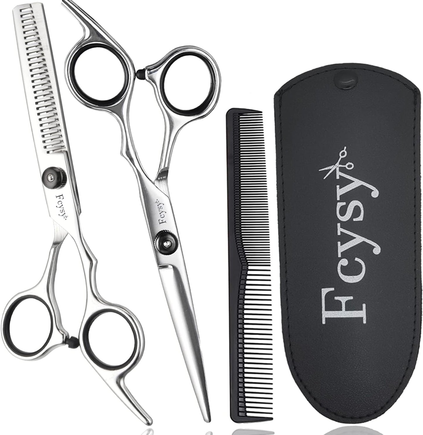Fcysy professional hair cutting scissors set front view showing premium stainless steel shears and texturizing kit