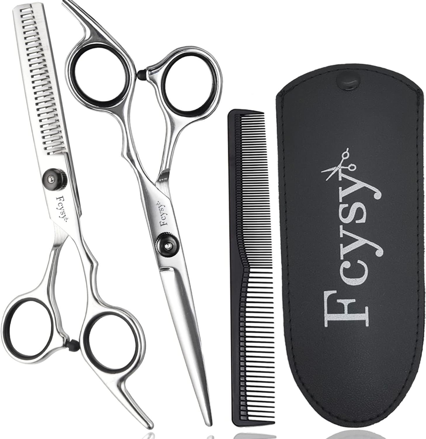 Fcysy professional hair cutting scissors set front view showing premium stainless steel shears and texturizing kit