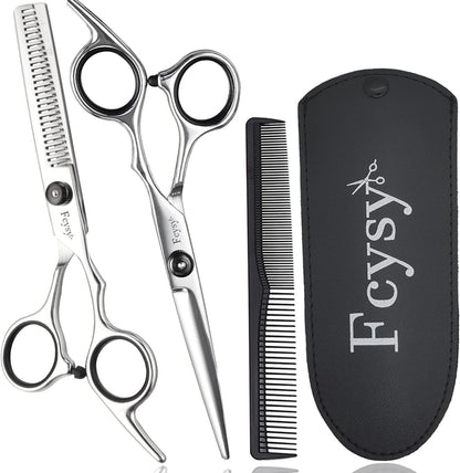 Fcysy professional hair cutting scissors set front view showing premium stainless steel shears and texturizing kit