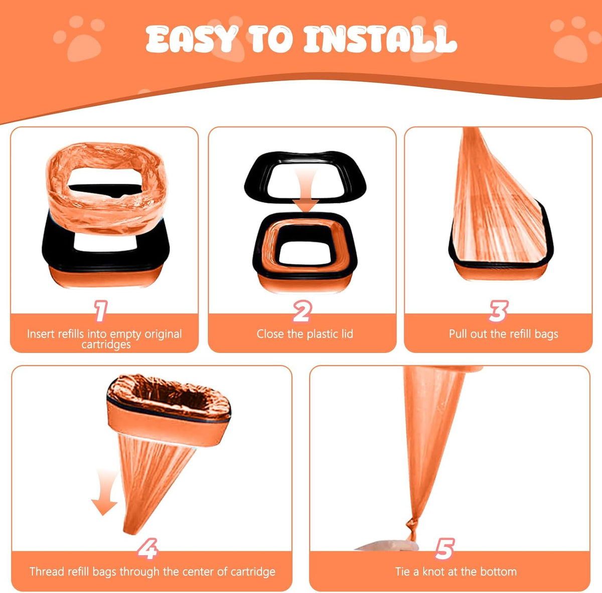 Zquilabon orange heavy duty leak proof cat waste disposal bags close up.