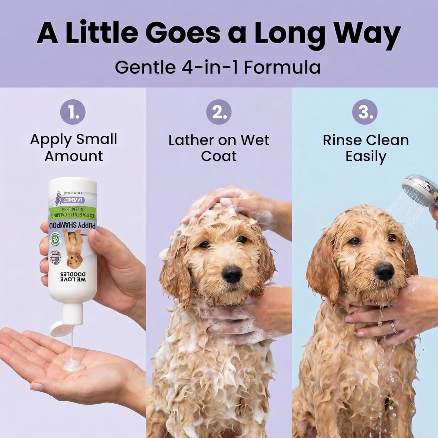 Premium 4 in 1 lavender scented dog shampoo for curly doodle coats.